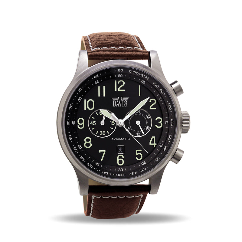 Aviator Watch Chronograph Brown Leather Strap Davis 0451