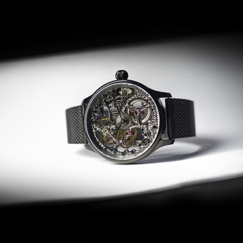 Men s Black Skeleton Mechanical Watch Mesh Strap Davis 0899MB