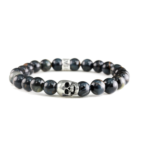 Bracelet Skull Oeil de Tigre Bleu et argent