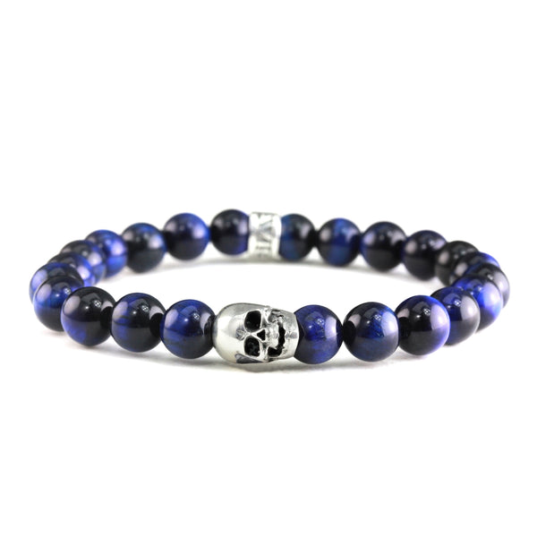 Bracelet Skull Oeil de Tigre Bleu Navy et argent