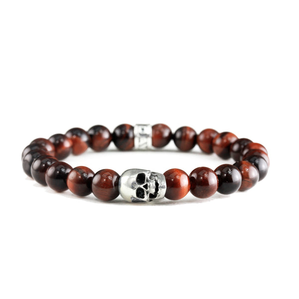 Bracelet Skull Oeil de Tigre Rouge et argent