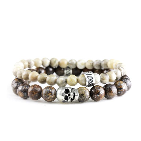 Bracelet Duo Skull Bronzite - Corail F. et argent