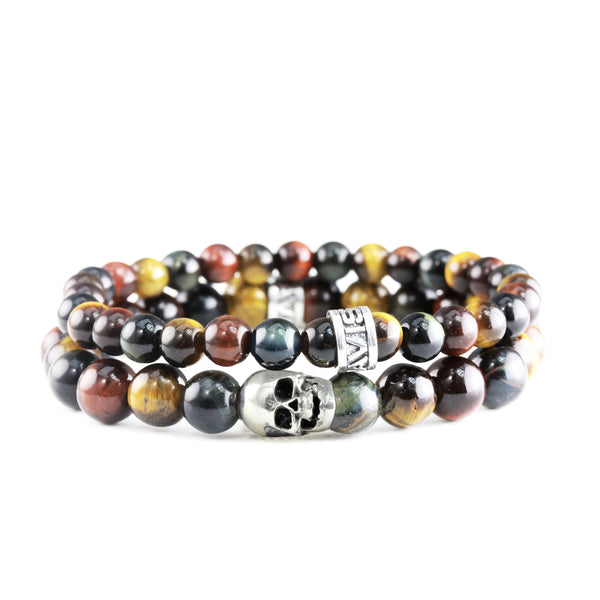 Bracelet Duo Skull Mix Oeil de Tigre et argent
