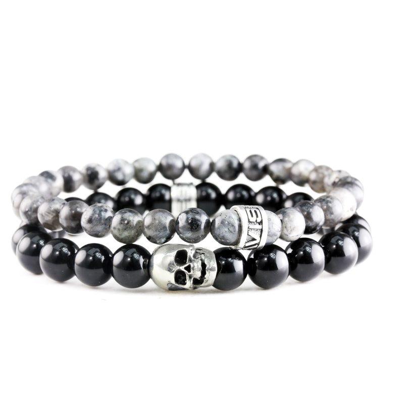 Bracelet Duo Skull Onyx Poli - Larvikite et argent