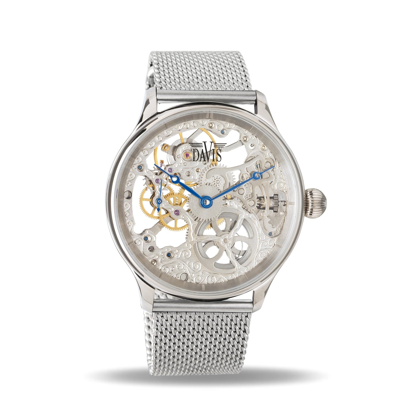 Men s Skeleton Mechanical Watch Steel Mesh Strap Davis 0890MB
