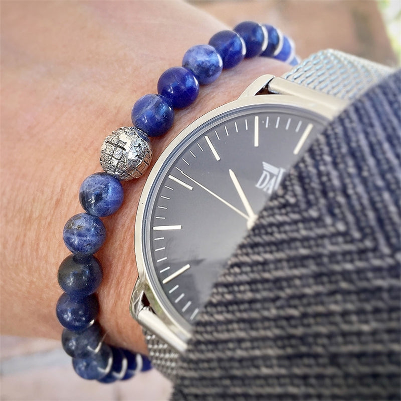 Sterling Silver Globe Beads Bracelet Sodalite Gemstones Mens Womens Davis